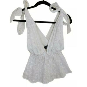 Vici Medium White Eyelet Tie Straps Ruffle Elastic Waist Tank Top Boho